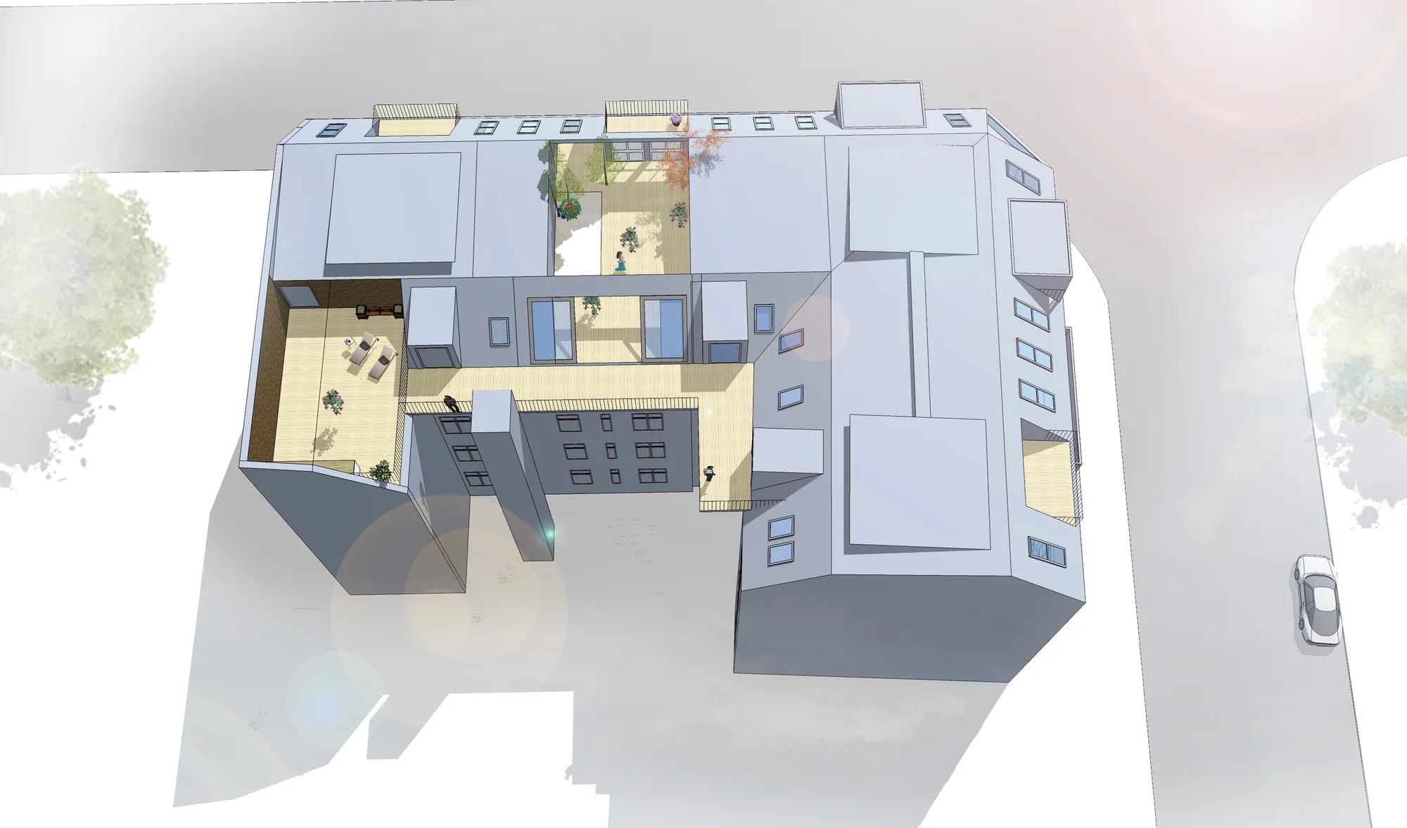 3D-Visualisierung des Dachgeschoss-Entwurfs als Luftbild