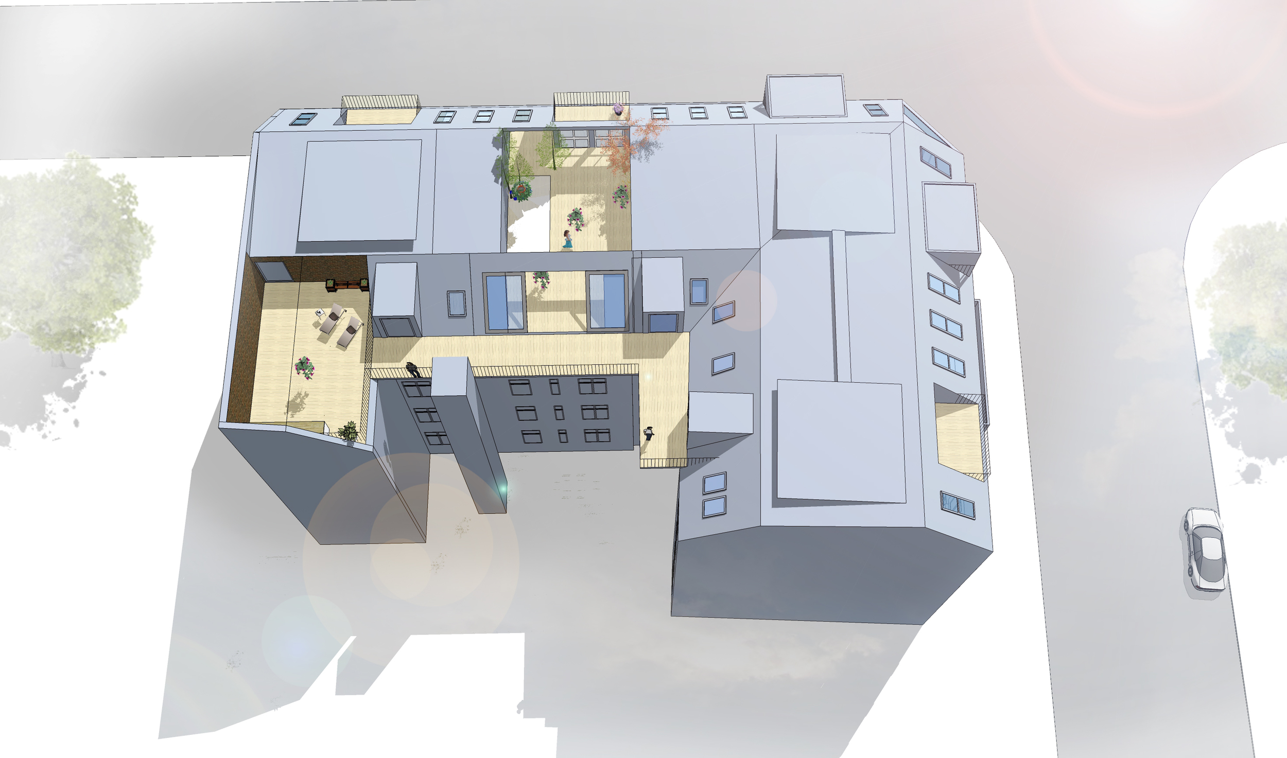 3D-Visualisierung des Dachgeschoss-Entwurfs (Luftbild)